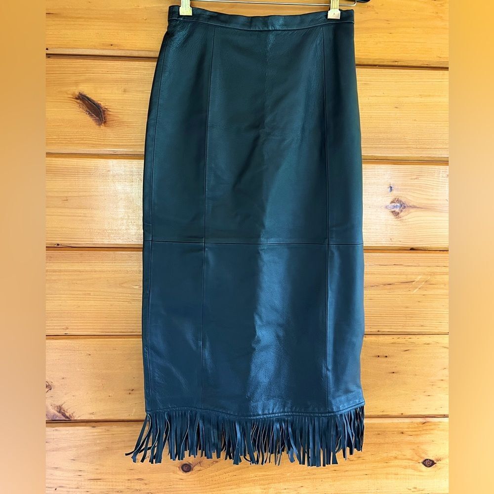 RARE Pamela McCoy 100% Genuine Leather Midi Skirt With Fringes XS